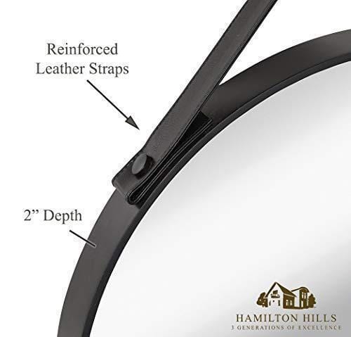 Hanging Black Leather Strap Metal Circular Wall Mirror with Chrome Accents (24" Round)-Hamilton Hills-RoomDividersNow