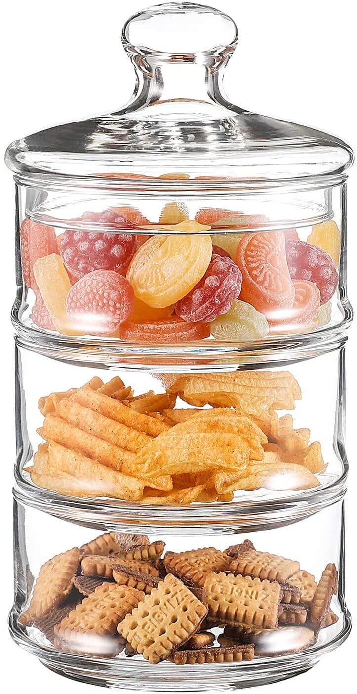 MyGift 3 Tier Stacking Round Apothecary Storage Glass Jars Candy Container  Dish
