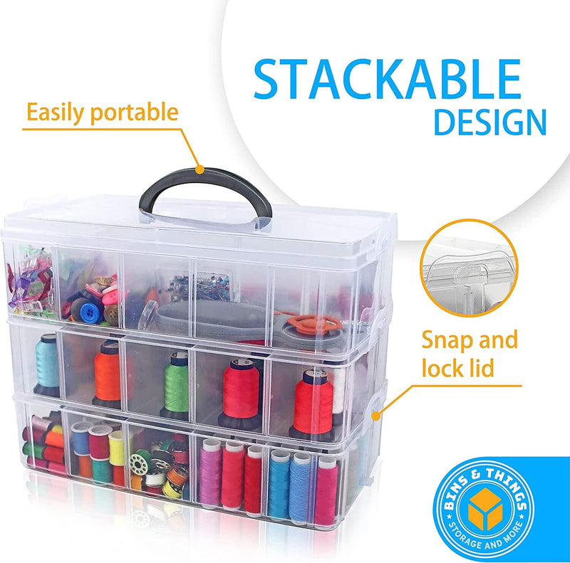 Bins & Things Stackable Storage Container With 30 Adjustable Compartments, Clear, XLarge