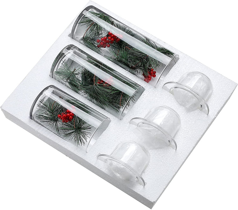 Glass Hurricane Candle Holders with Decorative Christmas Ornaments - Set of 3(Candles Not