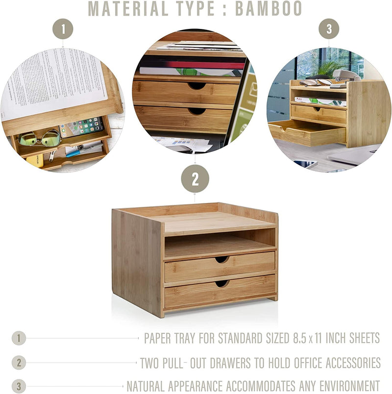 Bamboo Desktop Organizer with 3-Tier Drawers - US Letter Size