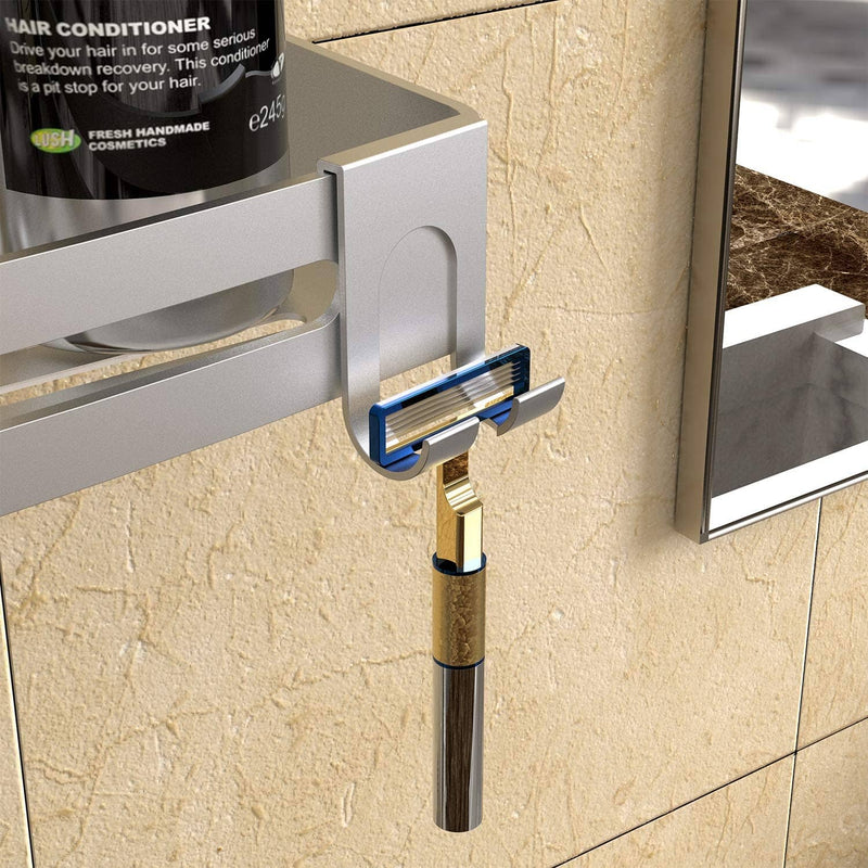 Aluminum Shower Shelf with Razor Hooks - No Drill Floating Inside Shower