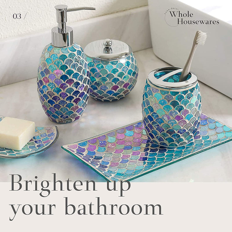 5Pieces Mosaic Glass Bathroom Accessories Set, Soap Dispenser, Tray/Soap Dish (Blue)