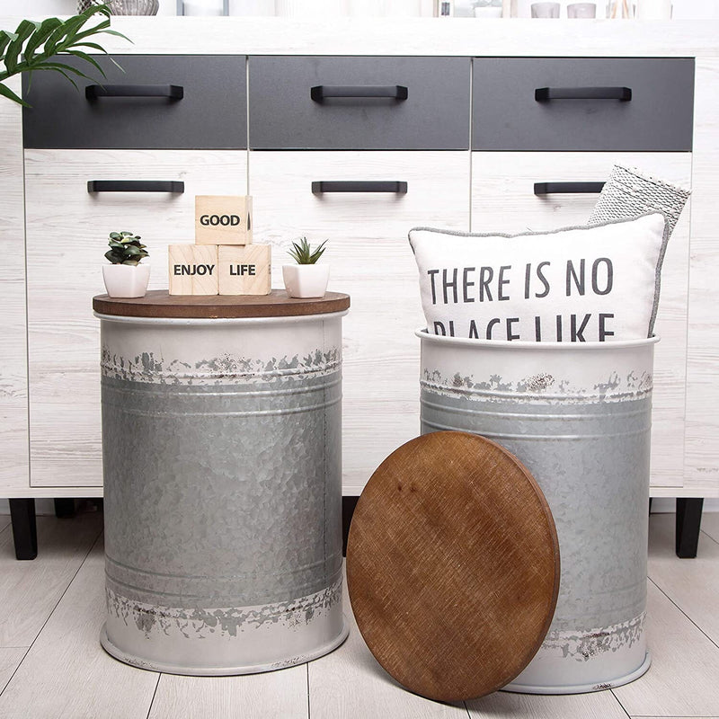 Rustic End Table with Metal Storage Bin - Farmhouse Accent Side Table