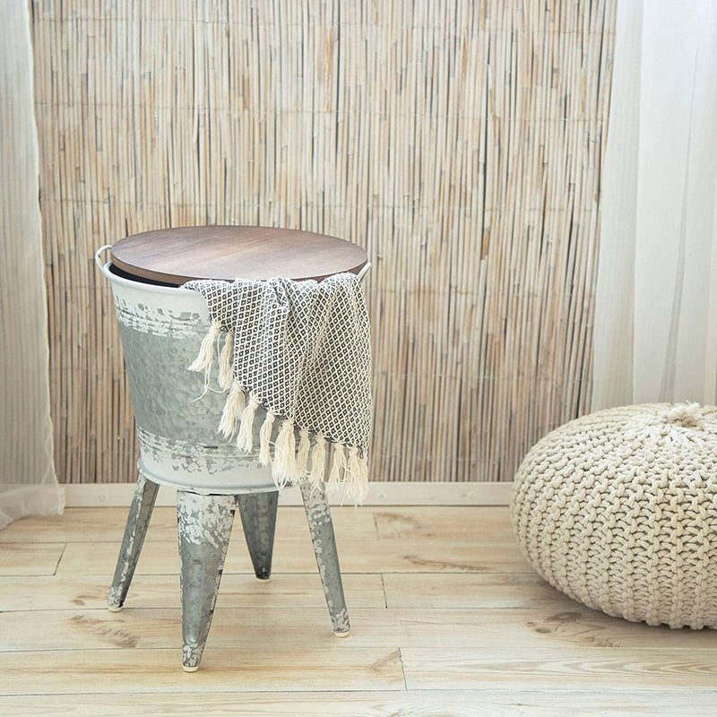 Rustic Farmhouse Accent Side Table with Metal Storage Bin