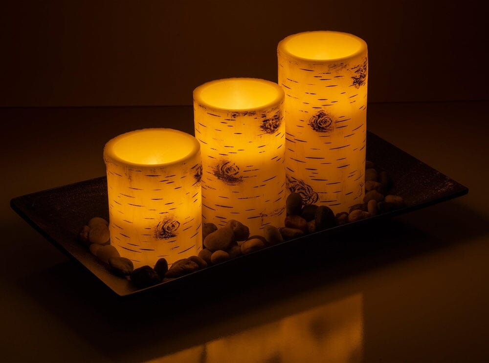 Birch Bark Candlescape Set, 3 LED Flickering Flameless Wax Candles, Decorative Tray, Rocks & Remote Control-Dawhud Direct-RoomDividersNow