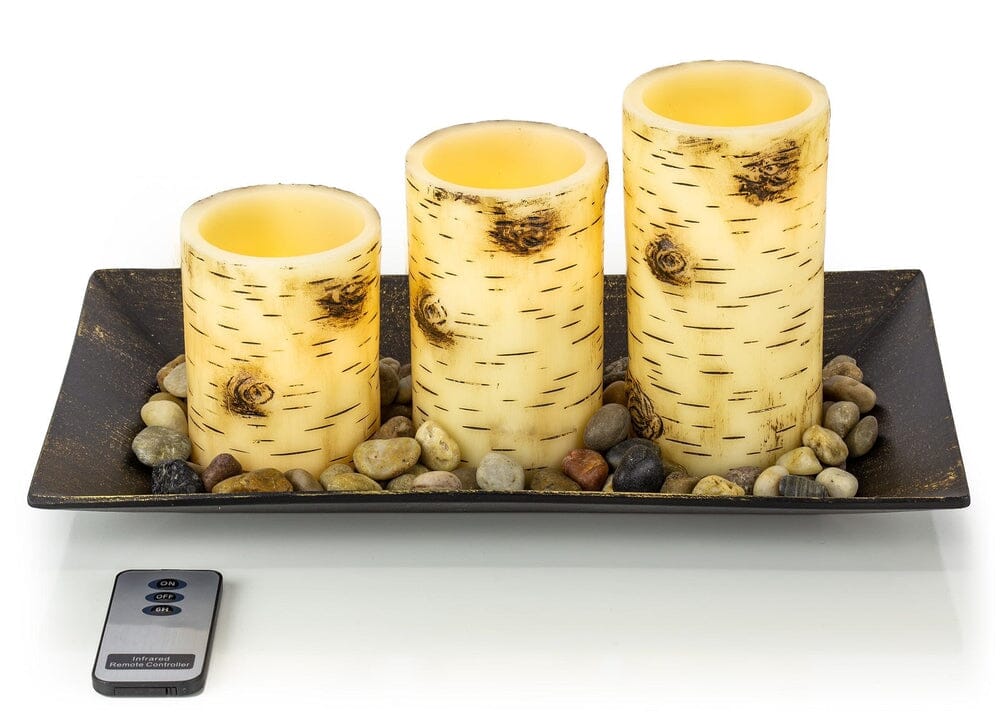 Birch Bark Candlescape Set, 3 LED Flickering Flameless Wax Candles, Decorative Tray, Rocks & Remote Control-Dawhud Direct-RoomDividersNow