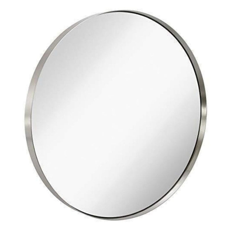 Contemporary Brushed Metal Silver Wall Mirror | Glass Panel Silver Framed Rounded Circle (35" Round)-Hamilton Hills-RoomDividersNow