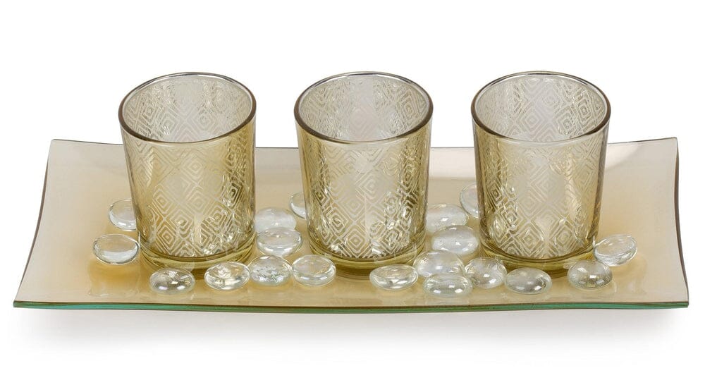 Decorative Glass Candle Holder Set with LED Tealights, Ornamental Glass Stones & Glass Tray-Dawhud Direct-RoomDividersNow