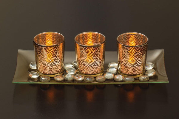 Decorative Glass Candle Holder Set with LED Tealights, Ornamental Glass Stones & Glass Tray-Dawhud Direct-RoomDividersNow