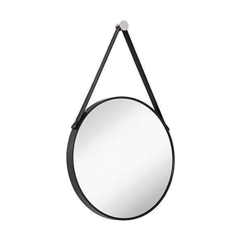 Hanging Black Leather Strap Metal Circular Wall Mirror with Chrome Accents (24" Round)-Hamilton Hills-RoomDividersNow