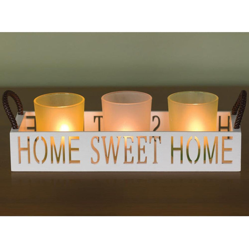 Home Sweet Home 3 Glass Candle Holder Set, LED Tealights and Decorative Tray-Dawhud Direct-RoomDividersNow