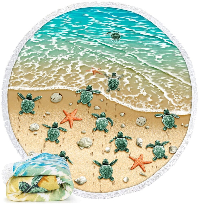 Turtles on The Beach Microfiber Round Large Beach Towel/Blanket-Dawhud Direct-RoomDividersNow
