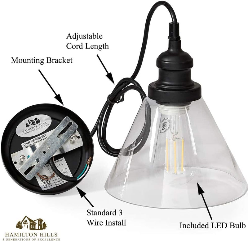 Black Glass Pendant Light with LED Edison Bulb