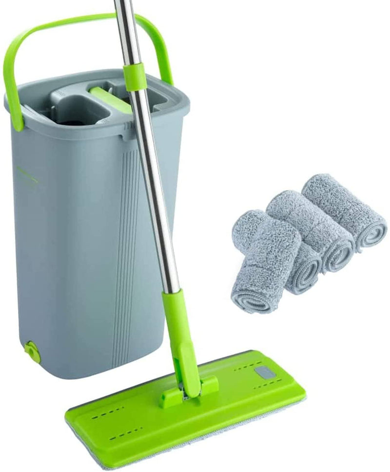 Microfiber Flat Mop and Bucket Set with Stainless Steel Handle