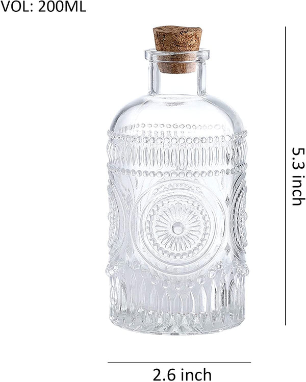 Vintage Design Embossed Clear Glass Bottles,Glass Flower Bud Vase with Cork Lid Set