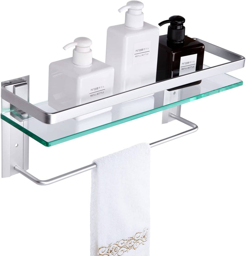 Wall Mounted Tempered Glass Bathroom Shelf with Towel Bar