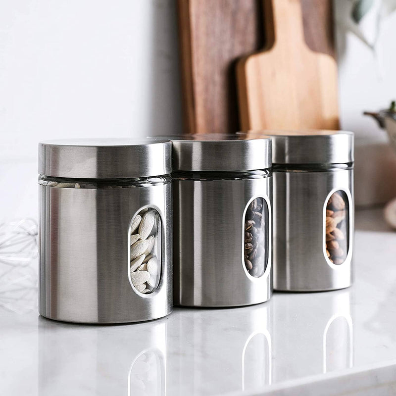 WHOLE HOUSEWARES | Brushed Stainless Steel and Glass Canister with Window | Set of 3 | 5"H
