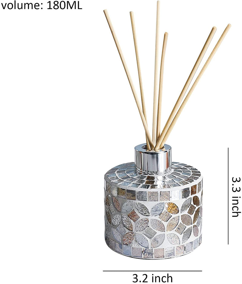6 Ounce Mosaic Glass Diffuser Bottles with 10pcs Natural Reed Sticks, Silver Caps