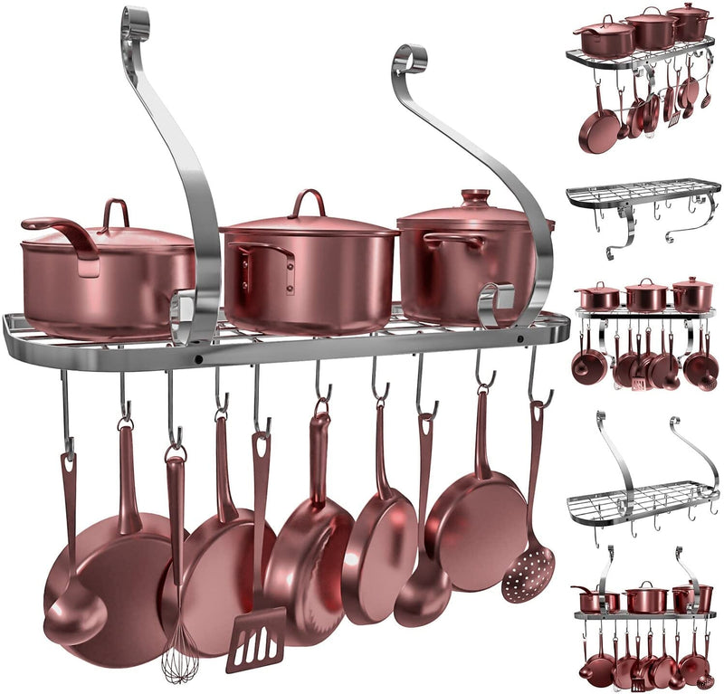 Grid Wall Mount Pot Rack with 10 Hooks - Kitchen Cookware (24")