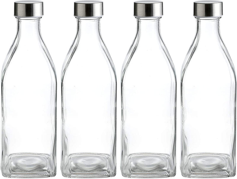 34 Oz Square Glass Water Bottles, Stainless Steel Leak Proof Lid, 4 Pack of Reusable