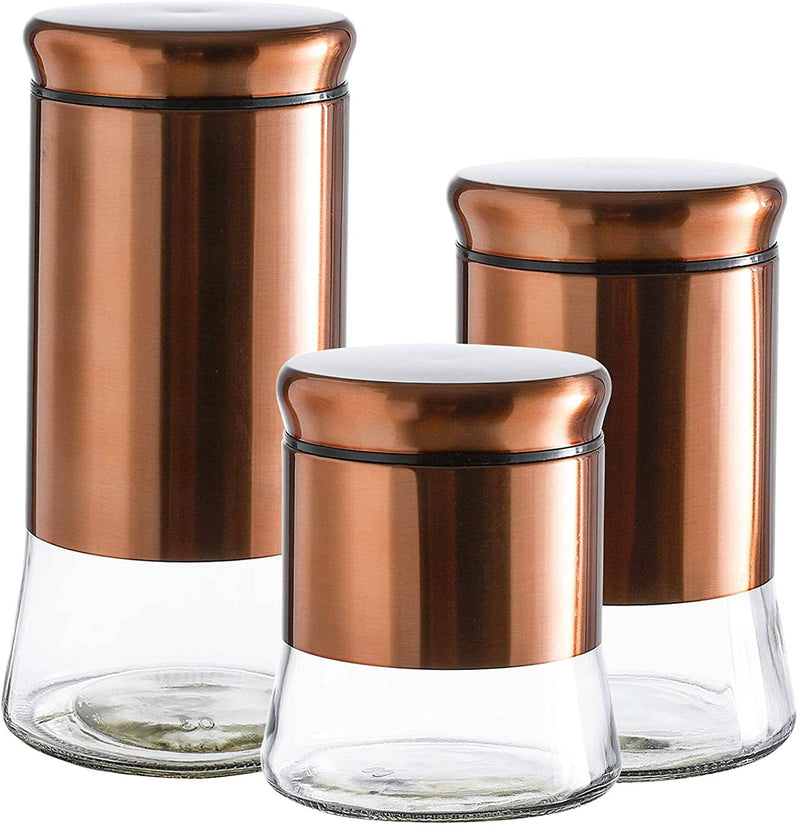 Set of 3 Glass Canisters with Bronze Stainless Steel Cover and Lids,28/38/50