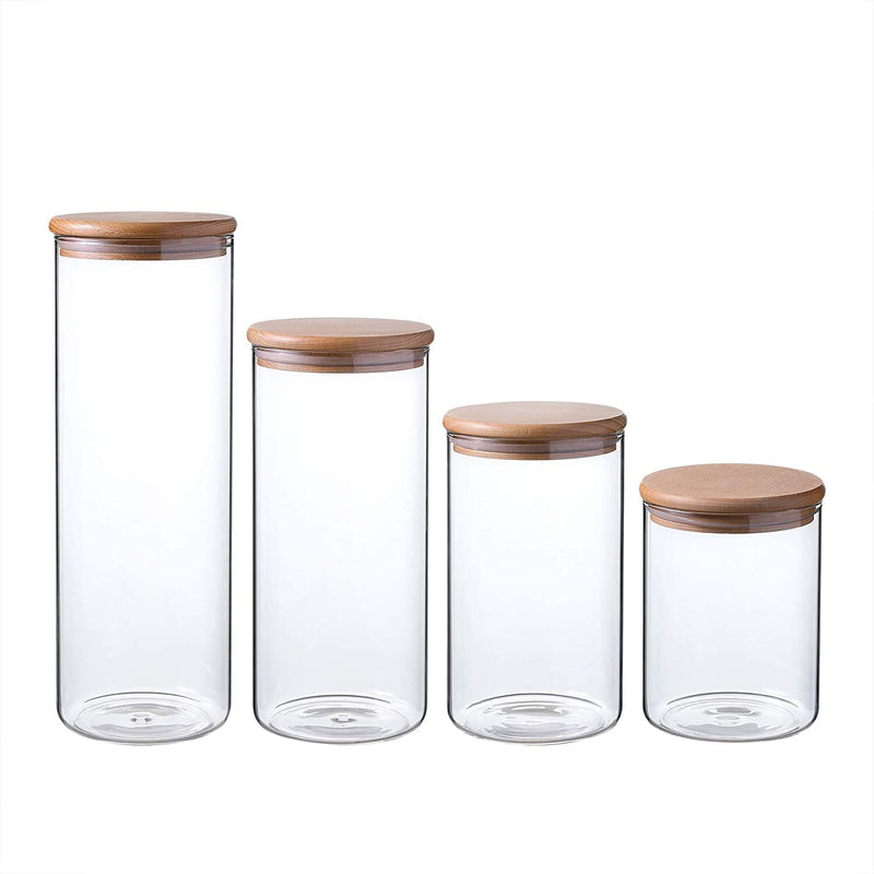 Clear Glass Storage Jar 60/47/34/24oz With Beech Wood Lid Set of 4 Glass Canister