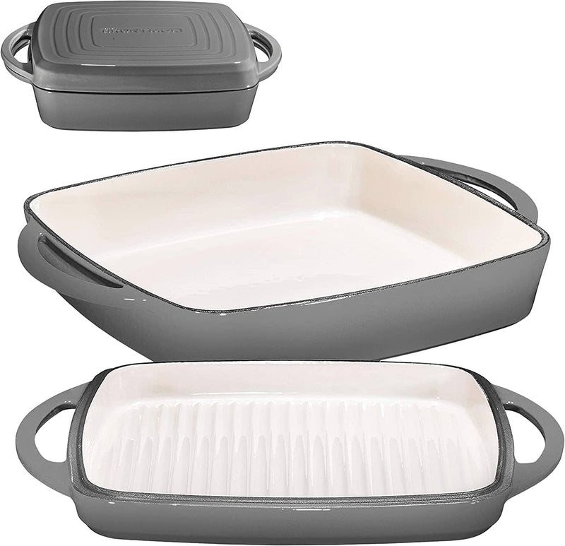 Bruntmor Enameled Square Cast Iron Baking Pan with Grill Lid
