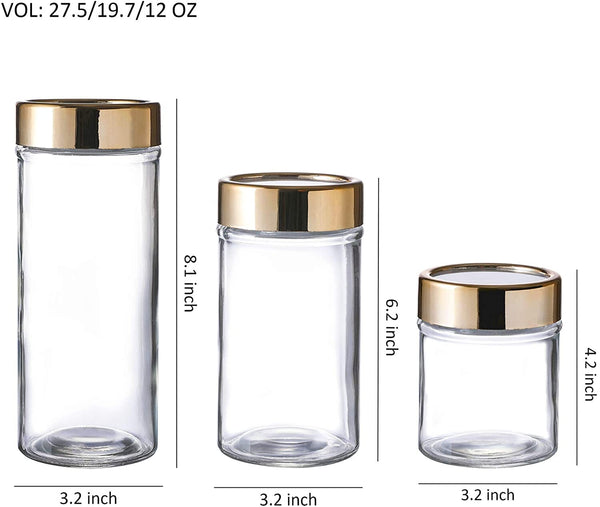 Mini Glass Storage Jars with Airtight Plastic Lids Set of 3( Gold