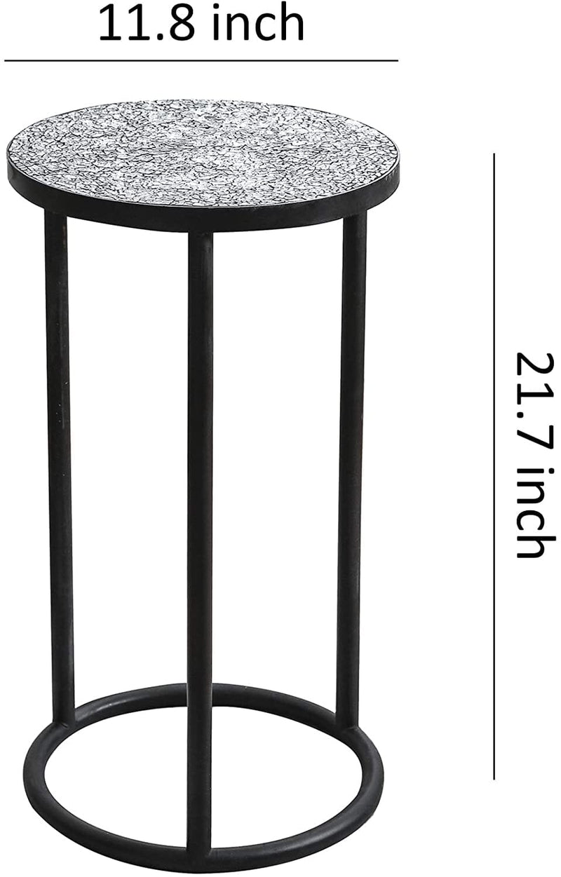 Mosaic Black Metal Round Side Table - Plant Stand - Bistro Table - Glass Top Indoor
