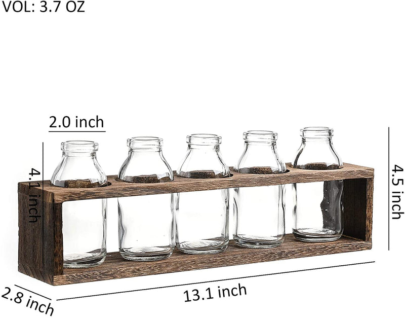 WHOLE HOUSEWARES | Glass Bud Bottles Vase Set with Wood Crate Stand (13.1X2.8X4.5in