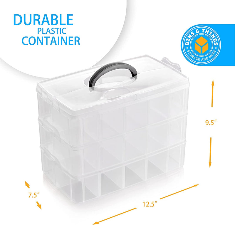 Bins & Things Stackable Storage Container With 30 Adjustable Compartments, Clear, XLarge