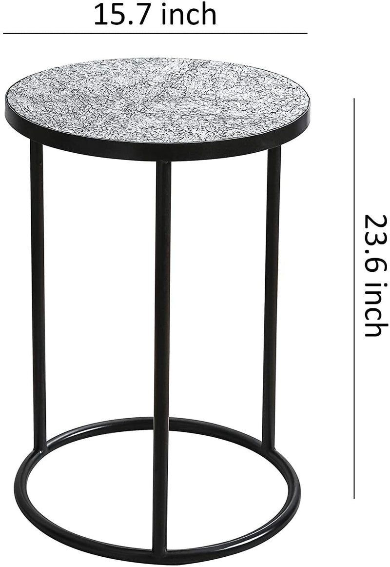 Mosaic Black Metal Round Side Table - Plant Stand - Bistro Table - Glass Top Indoor
