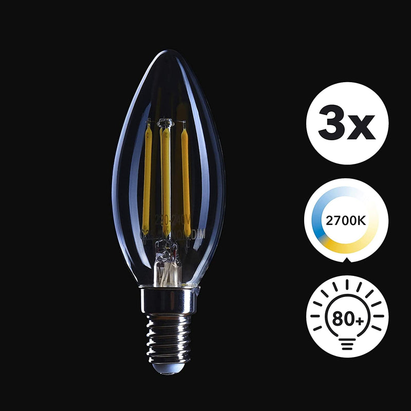 Dimmable Warm White LED Filament Lightbulb 3-Pack - E14 Base, Replaces 40W Incandescent