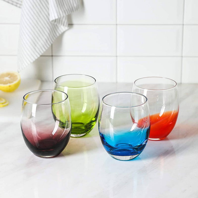 Colored Water Glasses Hand Made Glass Tumblers Set,14 OZ of 4 Colors