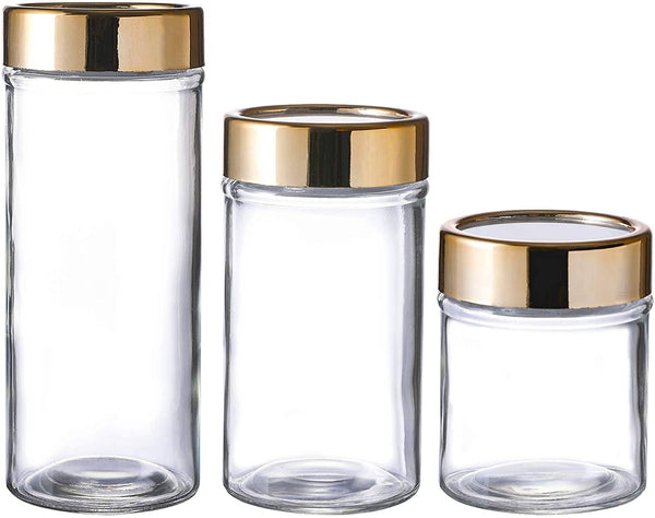 Mini Glass Storage Jars with Airtight Plastic Lids Set of 3( Gold