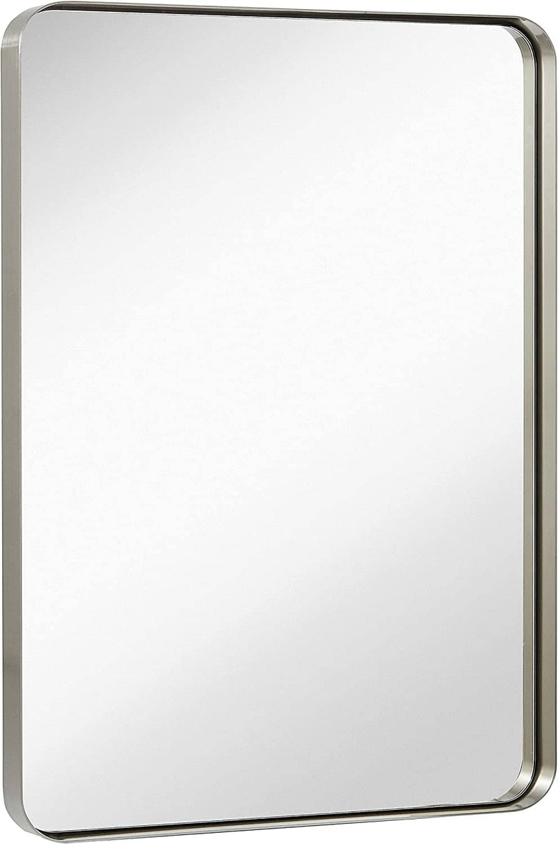 Rounded Corners Brushed Metal Wall Mirror in Silver