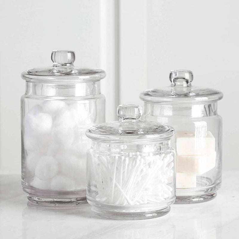 Clear Glass Apothecary Jars-Cotton Jar-Bathroom Storage Organizer Canisters Set Of 3