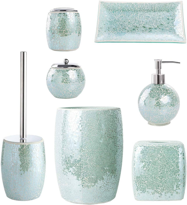 5Pieces Mosaic Glass Bathroom Accessories Set, Soap Dispenser, Tray/Soap Dish (Turquoise)
