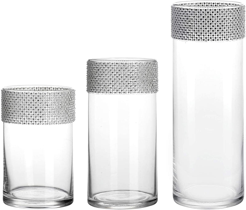 Glass Cylinder Vases with Sparkling Rhinestone Set of 3 Decorative Centerpieces for Home