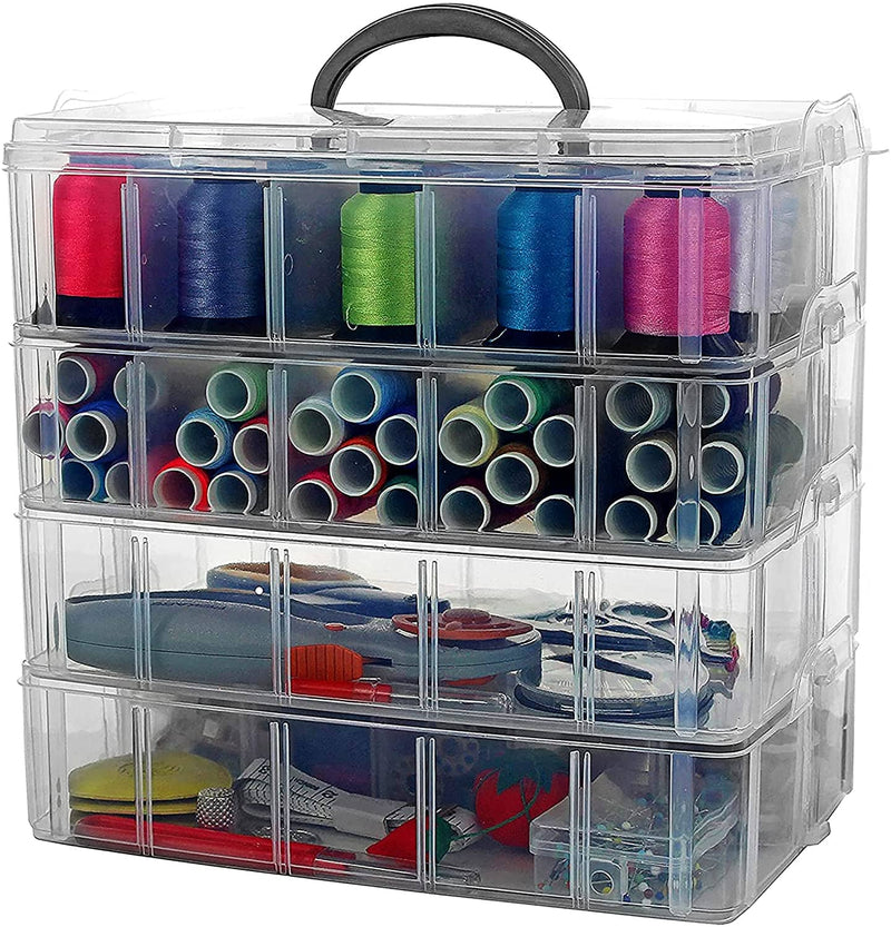 Craft Organizer Box - 3-Layer Stackable Craft Storage Organizer Case, Plastic Craft Supplies Organizer with Adjustable Compartments for Accessories, A
