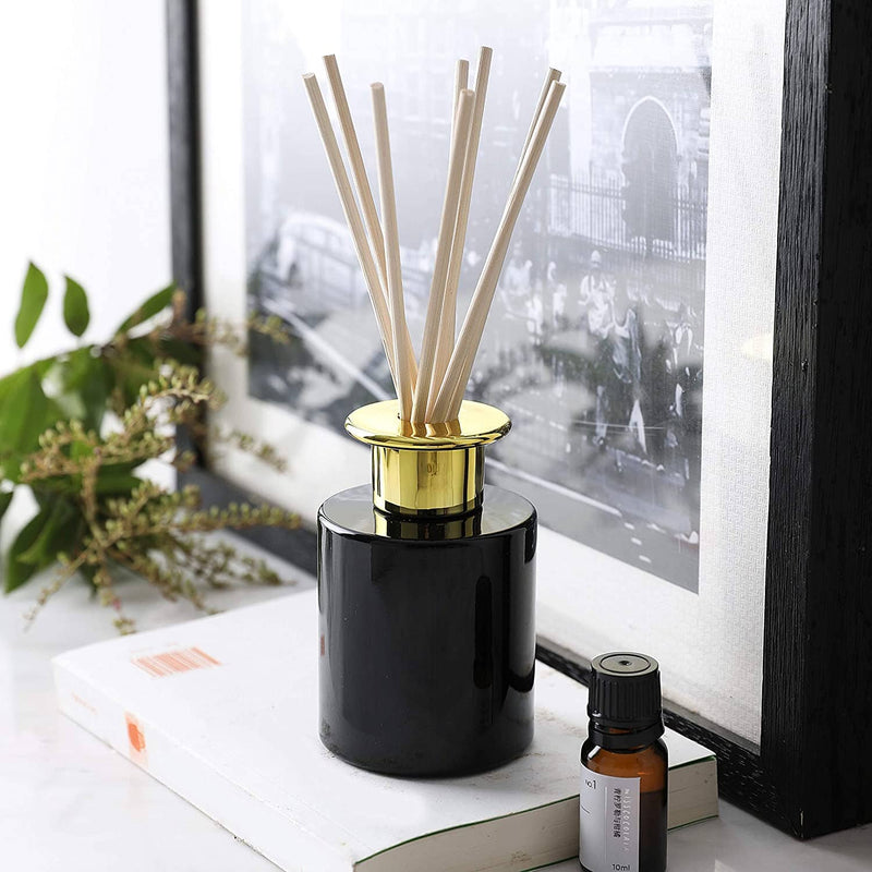 4 Ounce Black Glass Diffuser Bottles with 16pcs Natural Reed Sticks & Gold Caps,Set of 2
