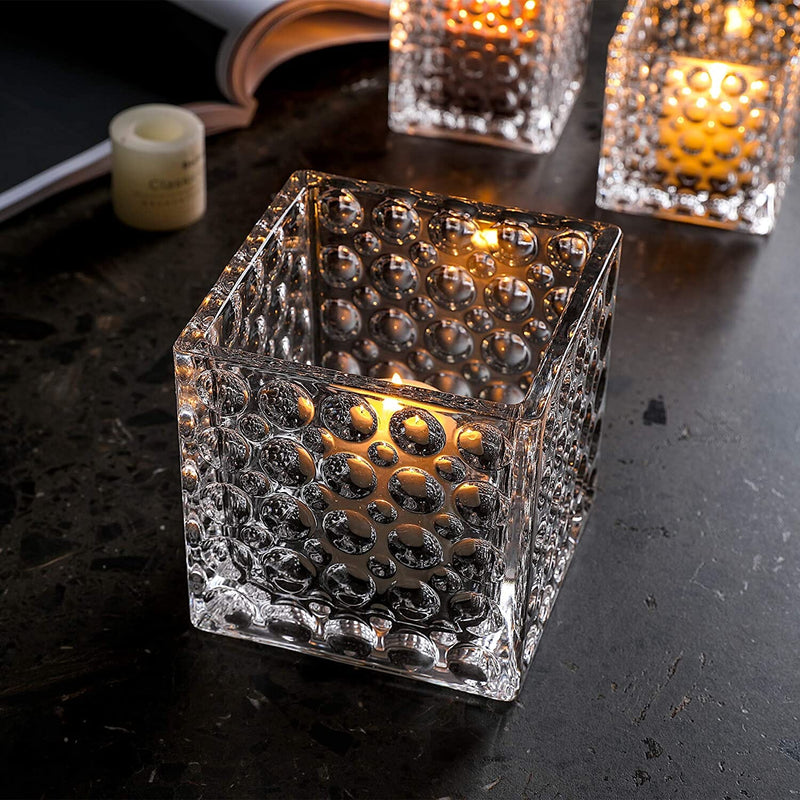 Glass Dimple Cube Vase,Square Glass Candle Holder Centerpiece (4 pcs, 5 Inch