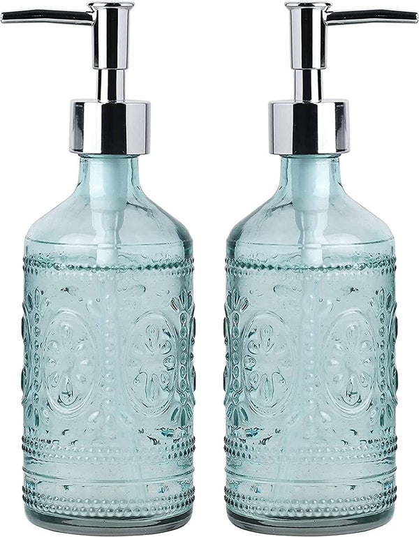 Embossed Glass Soap And Lotion Dispenser Bottles With Plastic Pump-12Oz-Set Of 2 (Blue)