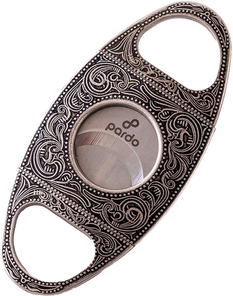 Stainless Steel Engraved Cigar Cutter - Silver, Straight Cut, Double Blade