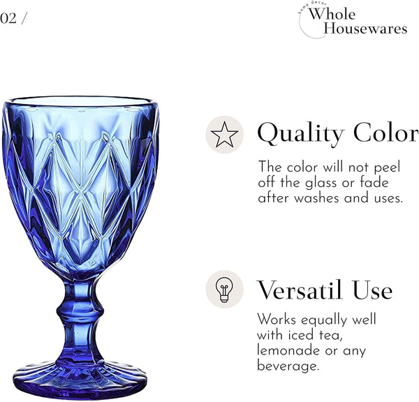 Colored Glass Drinkware | 9.5 Ounce Water Glasses | Set Of 6 | Cobalt Blue Diamond Patte