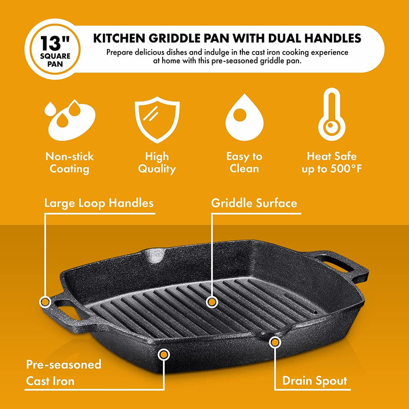 Bruntmor 10 Square Cast Iron Grill Pan Steak Pan Pre Seasoned Grill Pan  with Easy Grease Drain Spout, with Large Loop Handles for Grilling Bacon