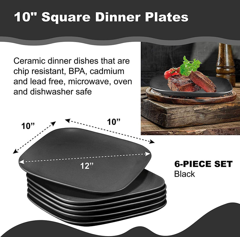 Set of 6 Stackable Black Ceramic Dinner Plates