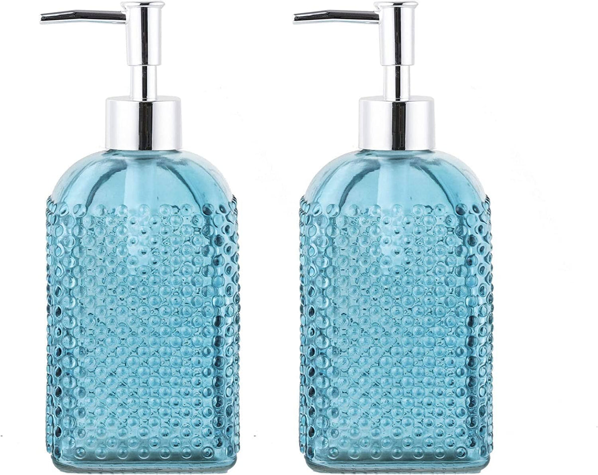 Dot Glass Lotion Dispenser-Soap Bottle with Plastic Pump-16.5oz-Set of 2 (Peacock Blue