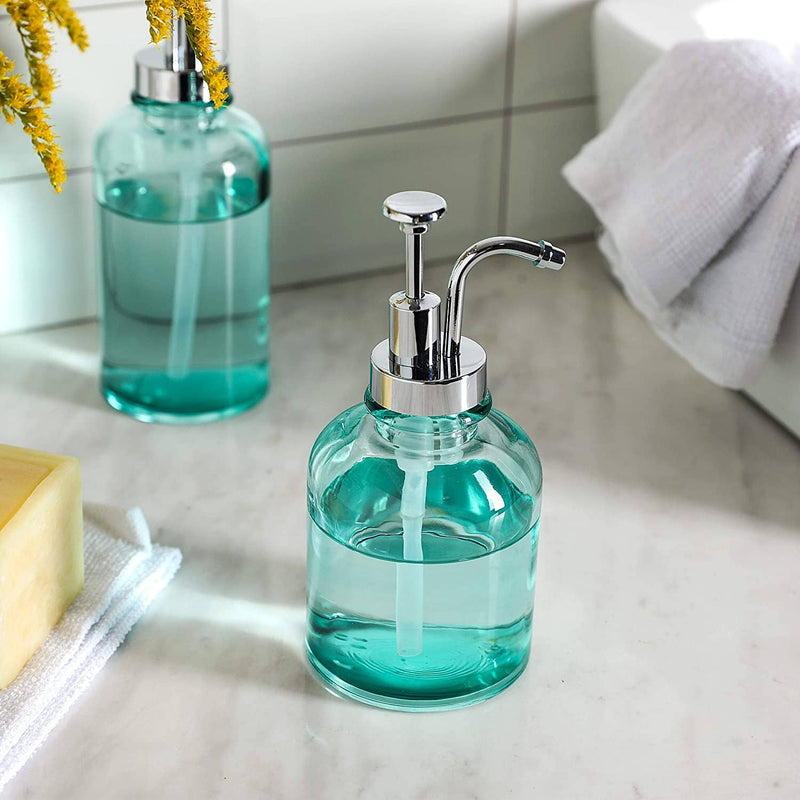 12 &10 Ounce Blue Glass Soap Lotion Dispenser Set, Unique Design Pump for Bathroom